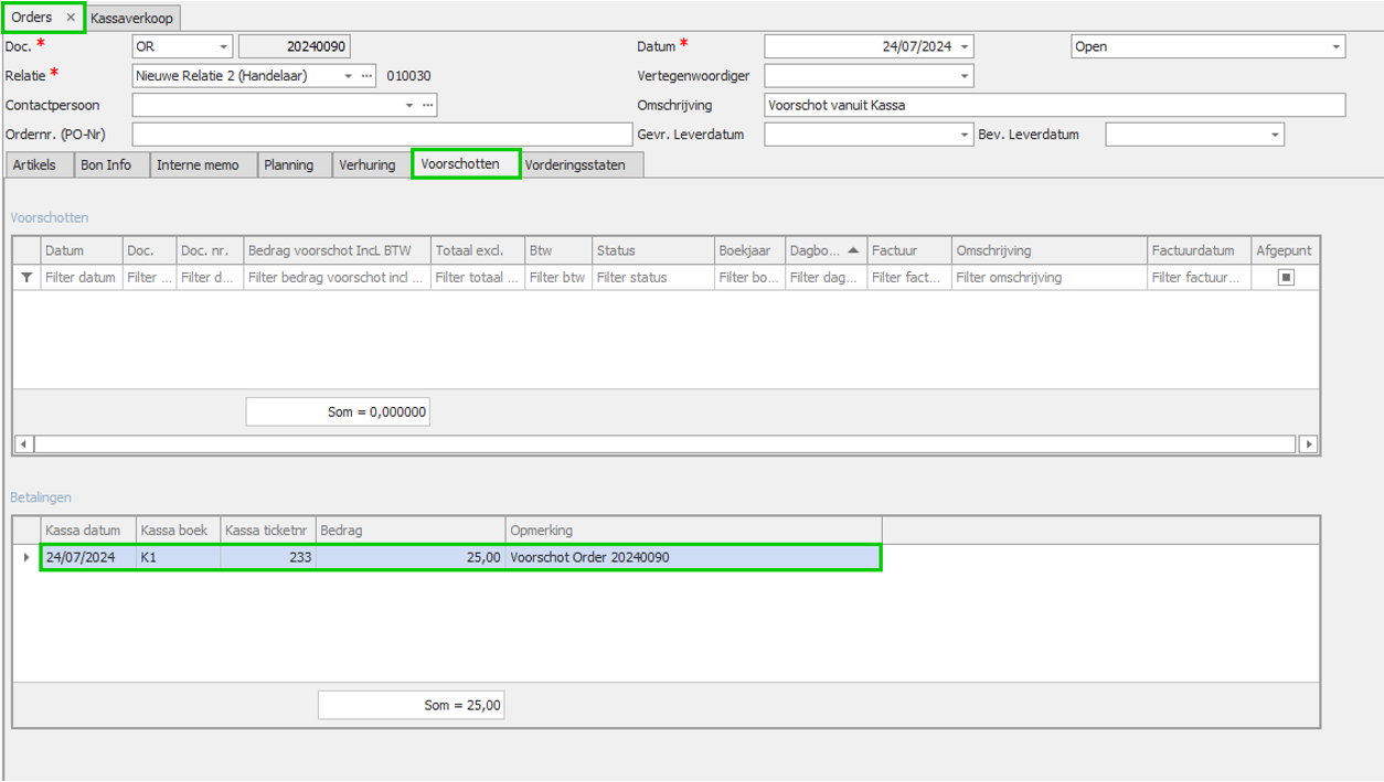 Voorschot/betaling voor order 2