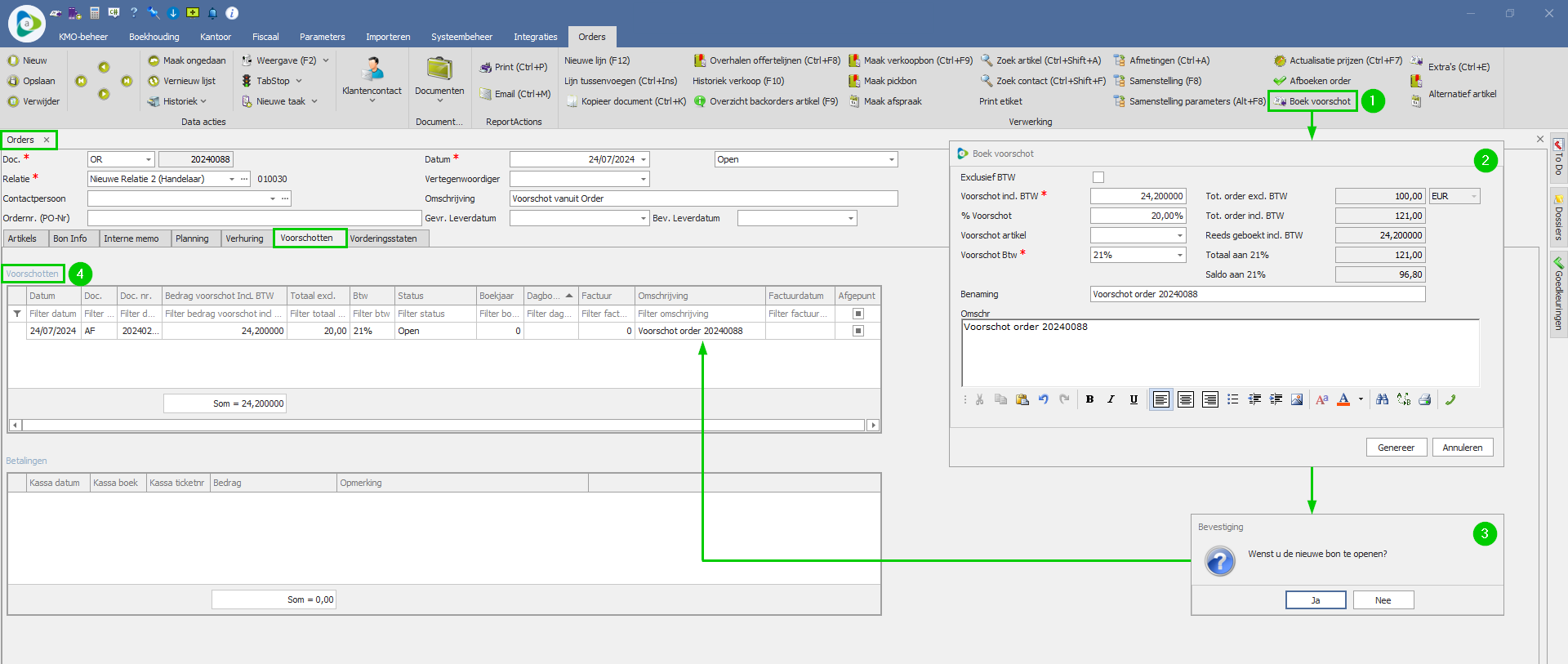 Voorschot vanuit order 1