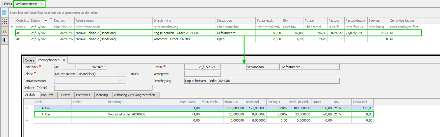 Voorschot vanuit order 2