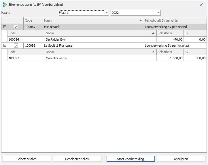 Selectiescherm bijkomende aangifte