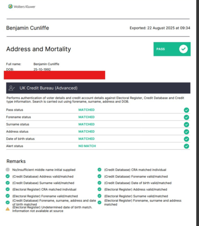 CCH Ifirm AML IDV Check - DOB not specified